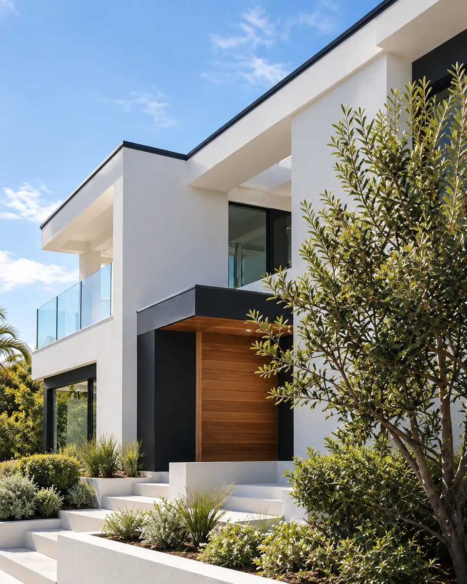 Modern white home with timber cladding and landscaped gardens